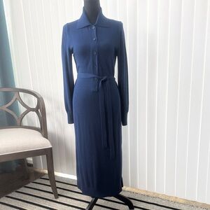 Banana Republic Navy Long-Sleeve Button-Front Midi Dress with Tie Waist